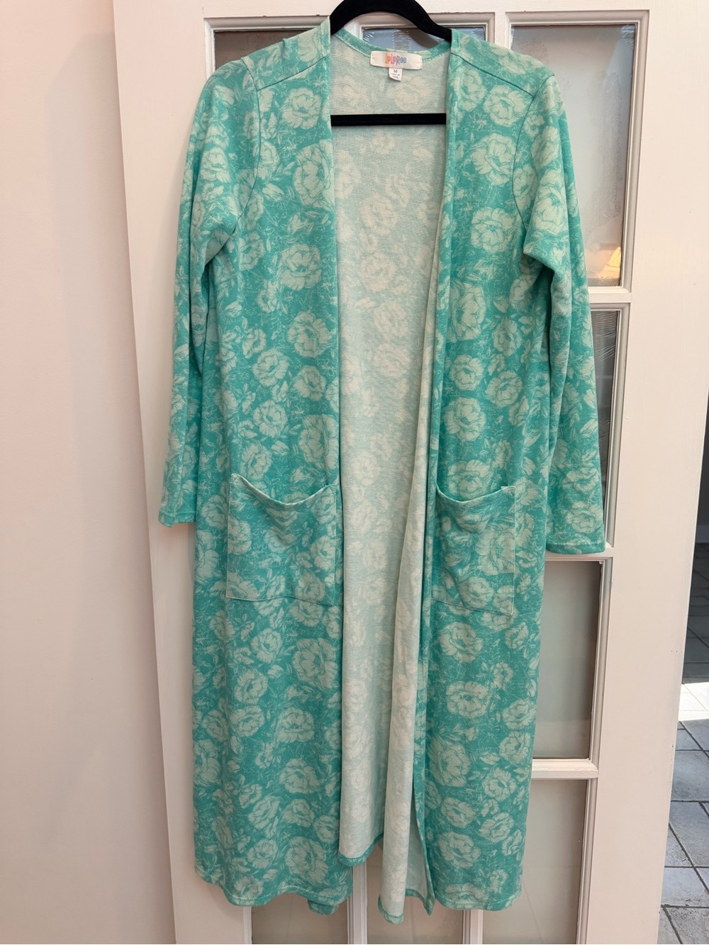 LuLaRoe Sarah Teal Mint Floral Open Front Long Cardigan Sweater Duster Size M